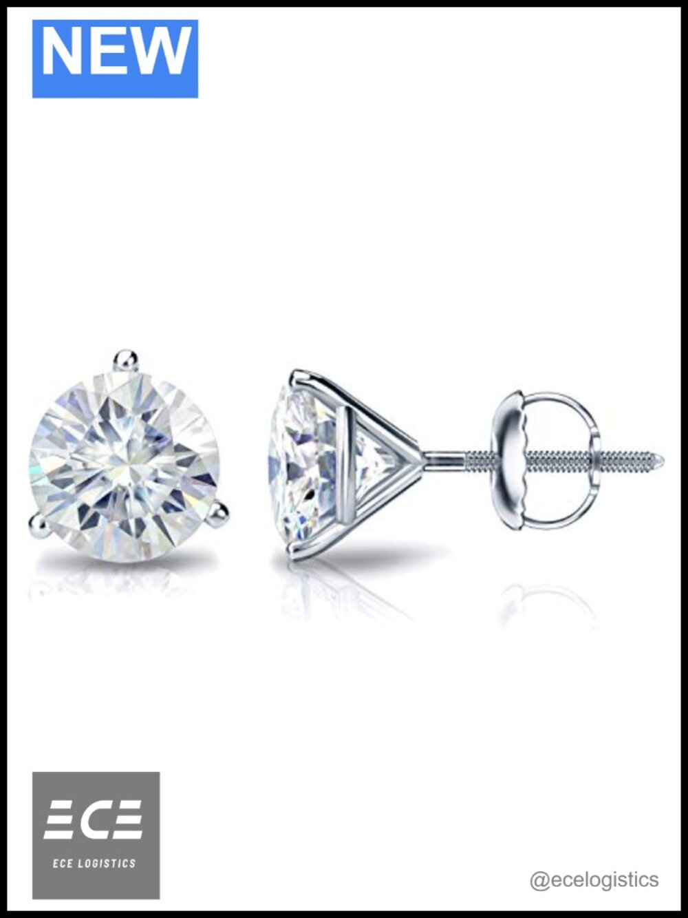 14k White Gold Moissanite Stud Earrings 2 Carat Round Cut